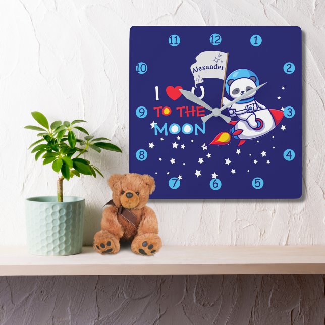 Cute Panda Bear On Rocket Ship Kids Personalized Square Wall Clock (Creator Uploaded)