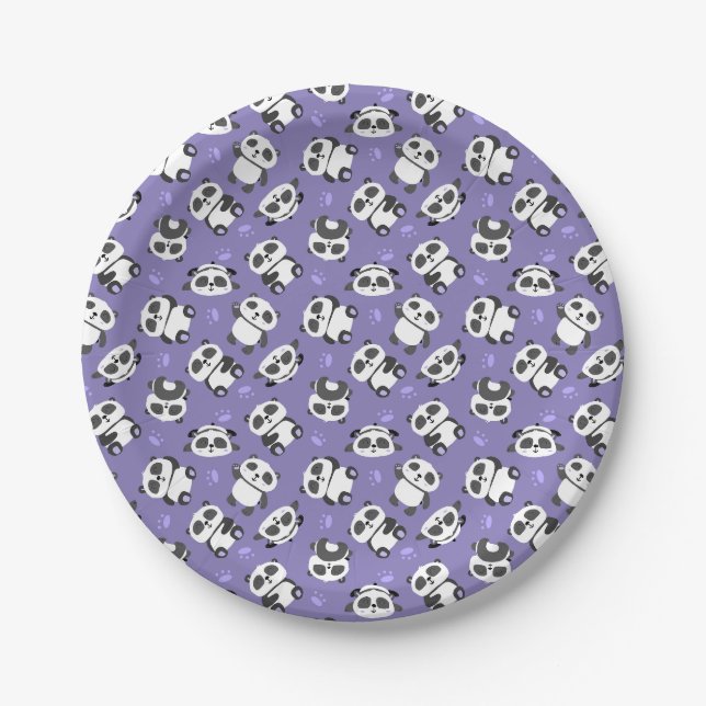 Cute panda bear paw blue background paper plate (Front)