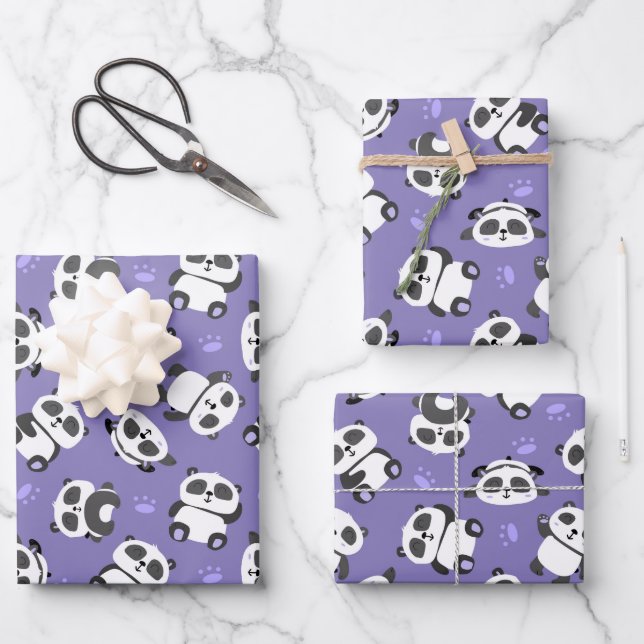 Cute panda bear paw blue background wrapping paper sheet (Front)