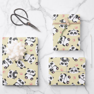 Cute panda bear paw cream background wrapping paper sheet