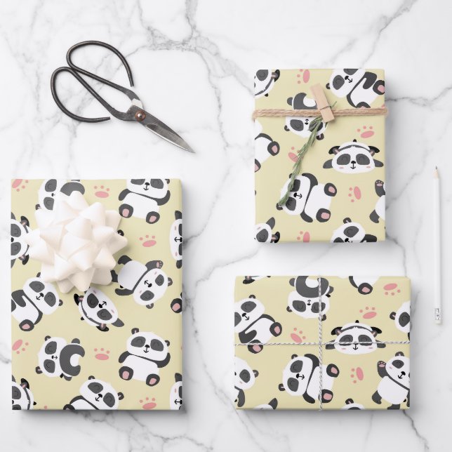 Cute panda bear paw cream background wrapping paper sheet (Front)