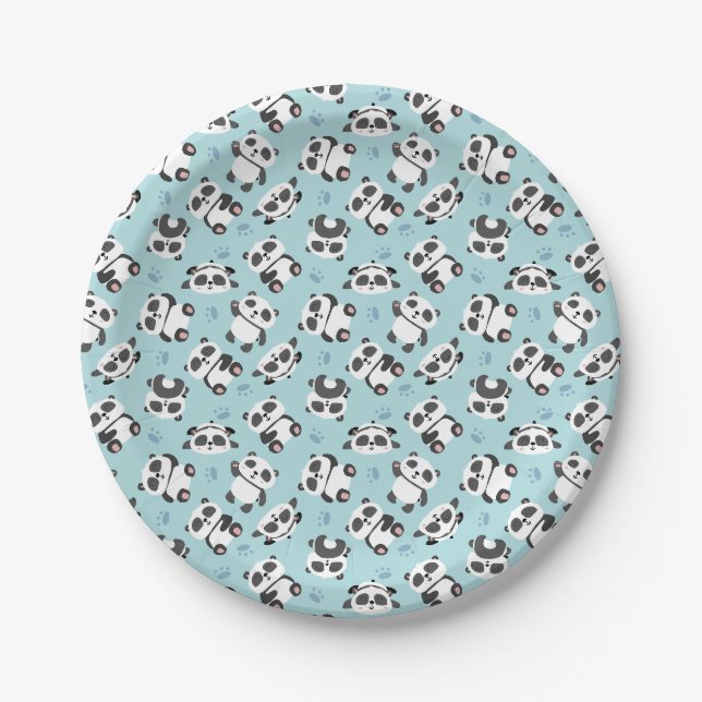 Cute panda bear paw cyan background paper plate (Front)