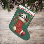 Cute Panda Bear Peeking Large Christmas Stocking<br><div class="desc">This Holiday stocking has an image of an adorable baby panda bear peeking out of an ornate red stocking. The image is surrounded by holly, red berries, and poinsettia blooms, and is placed on a Christmas green background. A white scalloped edge design bordered in red holds your customised name at...</div>