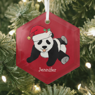 Cute Panda Bear Personalised Kids Red Christmas Glass Tree Decoration