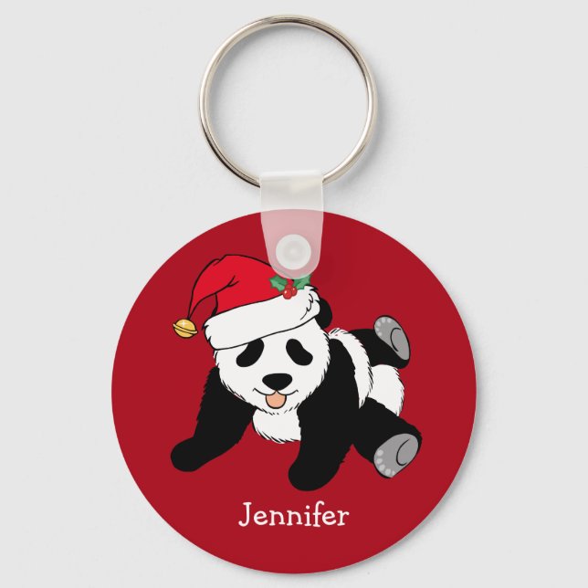 Cute Panda Bear Personalised Kids Red Christmas Key Ring (Front)