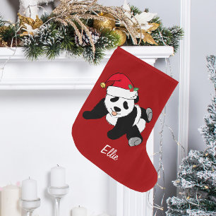 Cute Panda Bear Personalised Red Kids Large Christmas Stocking