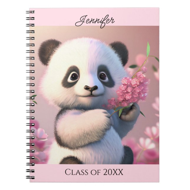 Cute Panda Bear Pink Flowers Personalise Name Gift Notebook (Front)