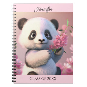 Cute Panda Bear Pink Flowers Personalize Name Gift Notebook