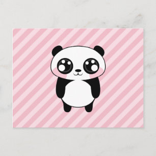 Cute Panda Bear Pink Stripes Background Postcard