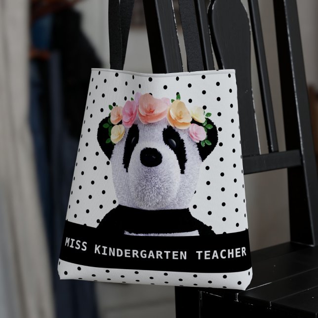 Cute Panda Bear Polka Dot Teacher Tote Bag (A cute panda bear tote bag with flowers in her hair. Just add your teacher name!)