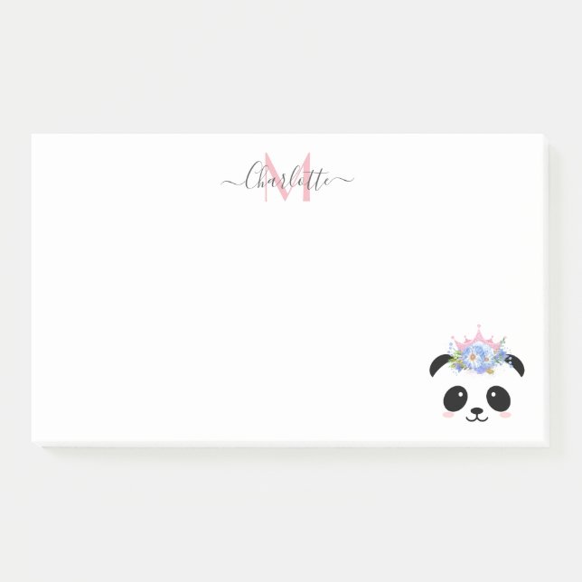 Cute panda bear princess personalised monogram post-it notes (Front)