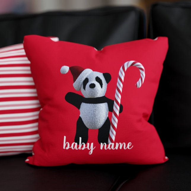 Cute Panda Bear Red Christmas Holiday Throw Pillow (A festive red Panda Pillow just for you! Add your name 🐼)