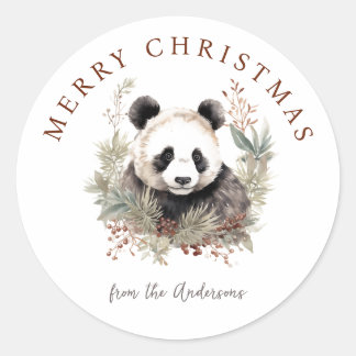 Cute Panda Bear Rustic chic Christmas botanicals Classic Round Sticker