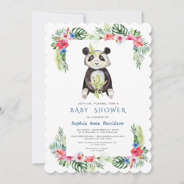 Cute Panda Bear Tropical Flowers Frame Baby Shower Invitation (Front)