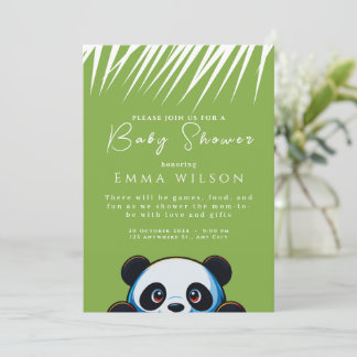 Cute Panda Bear Tropical Leaves Custom Baby Shower Invitation