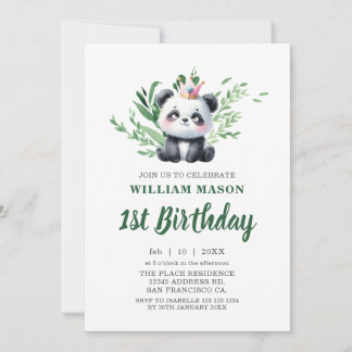 Cute Panda Bear Watercolor Greenery 1st Birthday Invitation