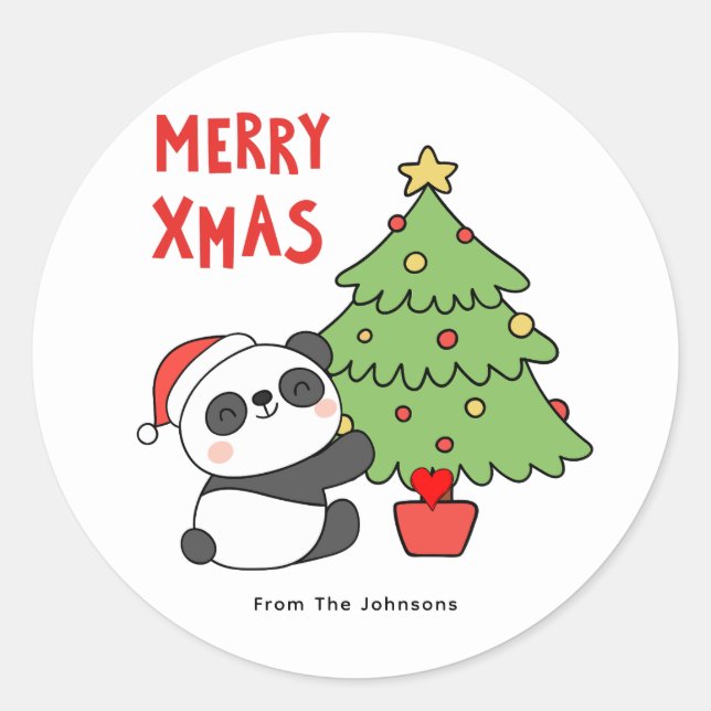 Cute Panda Bear With Christmas Tree  Classic Round Sticker (Front)