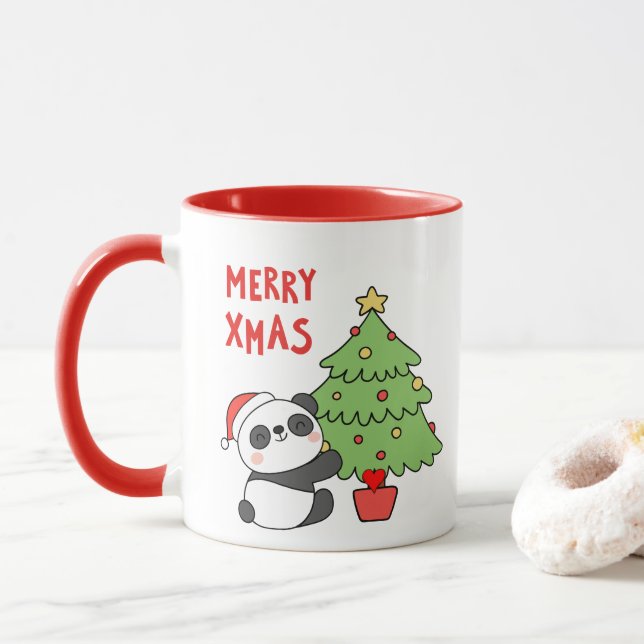 Cute Panda Bear With Christmas Tree  Mug (With Donut)