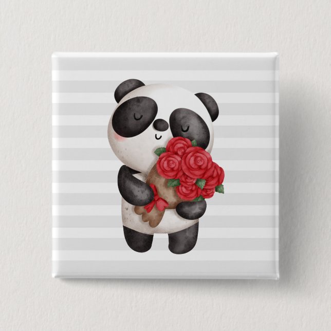 Cute Panda Bear with Rose Bouquet 15 Cm Square Badge (Front)