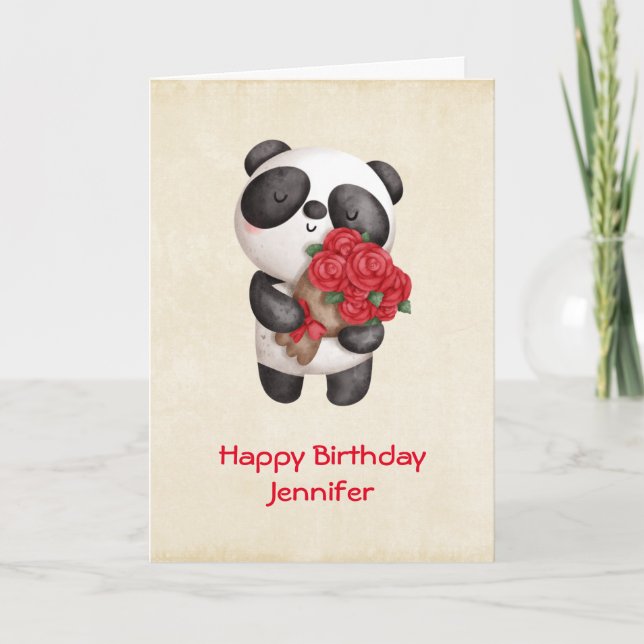Cute Panda Bear with Rose Bouquet Birthday Card (Front)