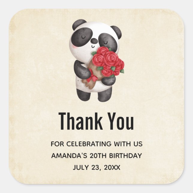 Cute Panda Bear with Rose Bouquet Birthday Square Sticker (Front)