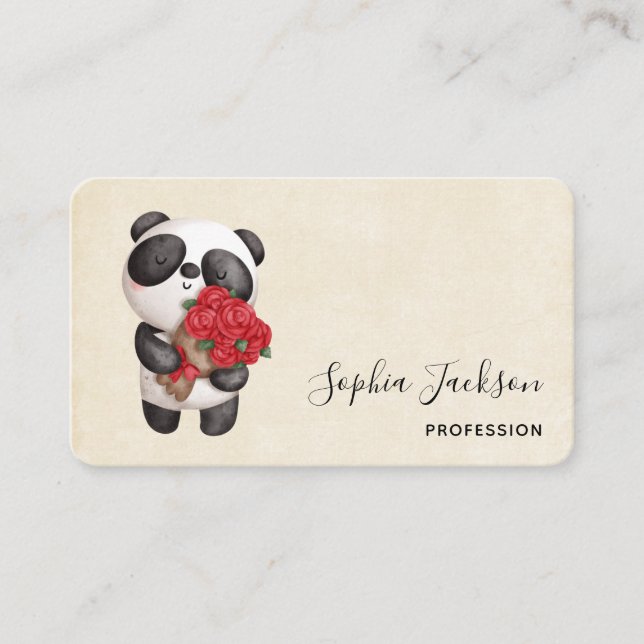 Cute Panda Bear with Rose Bouquet Business Card (Front)