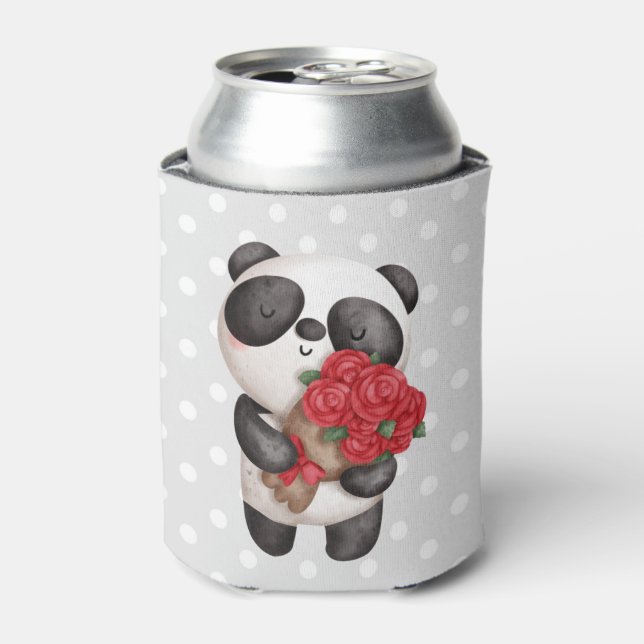 Cute Panda Bear with Rose Bouquet Can Cooler (Can Front)