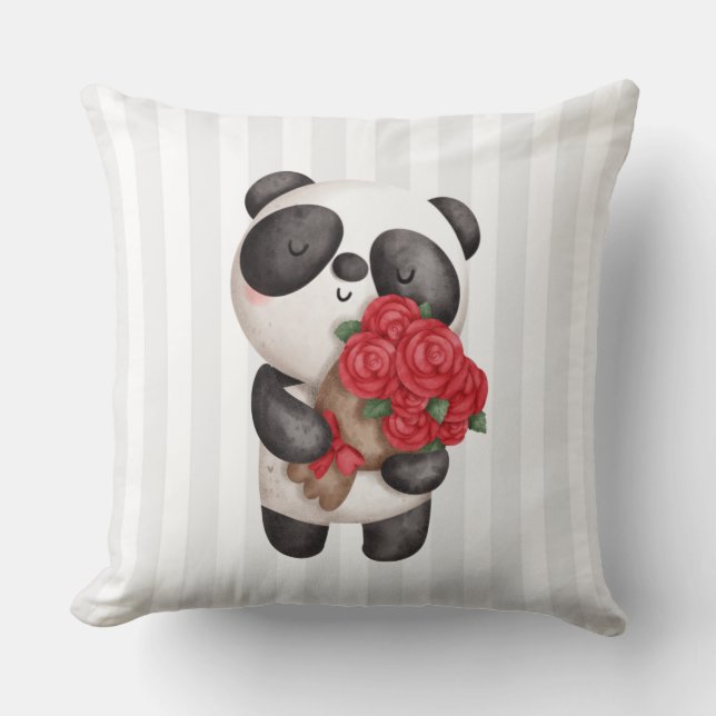 Cute Panda Bear with Rose Bouquet Cushion (Front)
