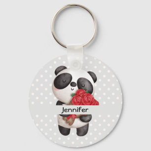 Cute Panda Bear with Rose Bouquet  Key Ring