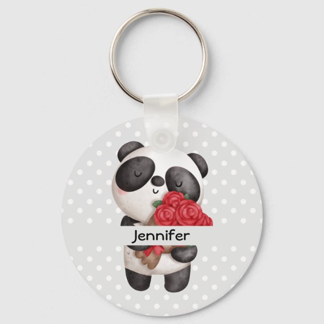 Cute Panda Bear with Rose Bouquet  Key Ring (Front)