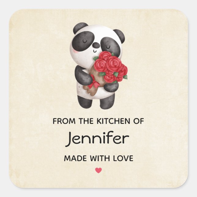 Cute Panda Bear with Rose Bouquet Kitchen Square Sticker (Front)