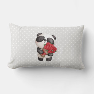 Cute Panda Bear with Rose Bouquet Lumbar Cushion