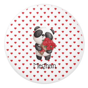 Cute Panda Bear With Rose Bouquet Monogrammed Ceramic Knob