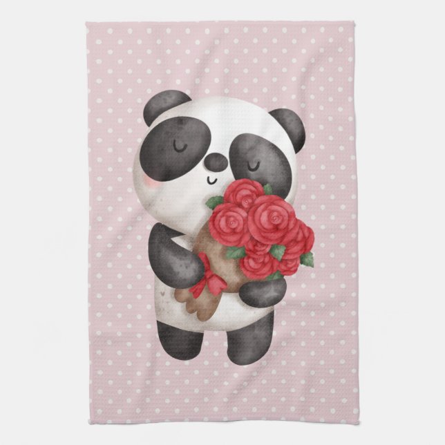 Cute Panda Bear with Rose Bouquet on Polka Dots Tea Towel (Vertical)
