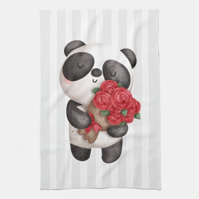Cute Panda Bear with Rose Bouquet on Stripes Tea Towel (Vertical)