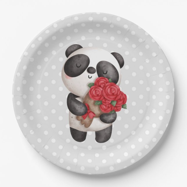 Cute Panda Bear with Rose Bouquet Paper Plate (Front)