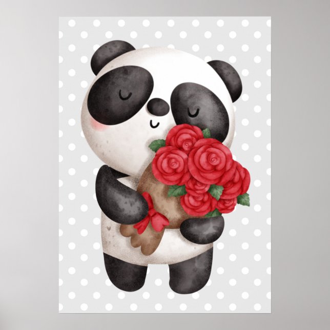 Cute Panda Bear with Rose Bouquet Poster (Front)