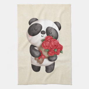 Cute Panda Bear with Rose Bouquet Tea Towel