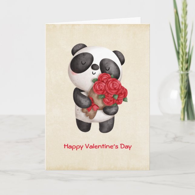 Cute Panda Bear with Rose Bouquet Valentine's Card (Front)