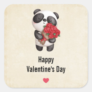 Cute Panda Bear with Rose Bouquet Valentine's Day Square Sticker