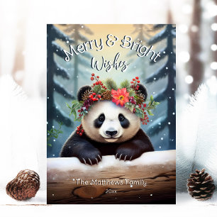 Cute Panda Bear Woodland Forest Merry & Bright Holiday Card