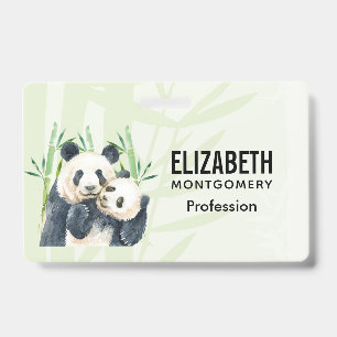 Cute Panda Bears Cuddling Watercolor ID Badge