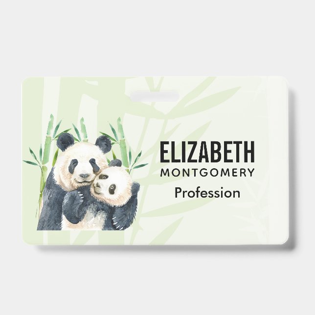 Cute Panda Bears Cuddling Watercolor ID Badge (Front)