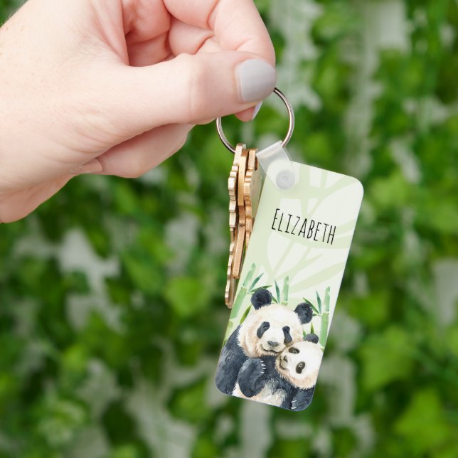 Cute Panda Bears Cuddling Watercolor Key Ring (Hand)