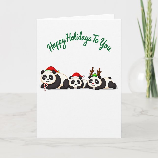 Cute Panda Bears Happy Holidays Santa and Reindeer Card (Front)