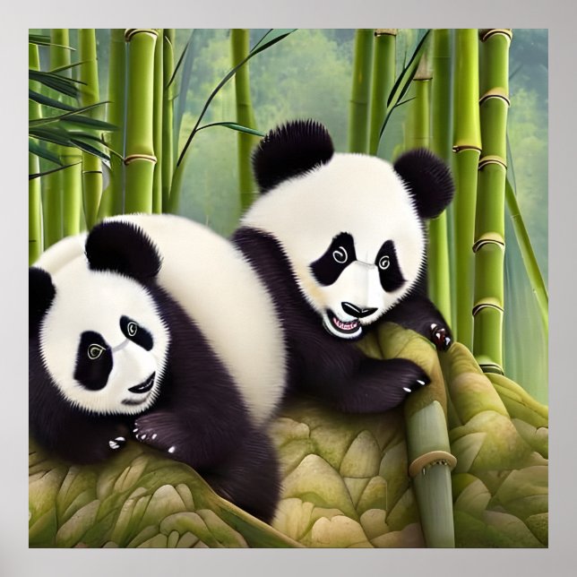 Cute Panda Bears In Bamboo Forest Poster (Front)