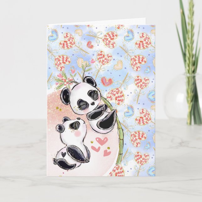 Cute panda bears on bamboo couples romantic love card (Front)