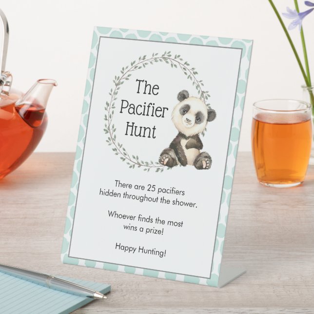 Cute Panda Bears Pacifier Hunt Baby Shower Game Pedestal Sign (In SItu)