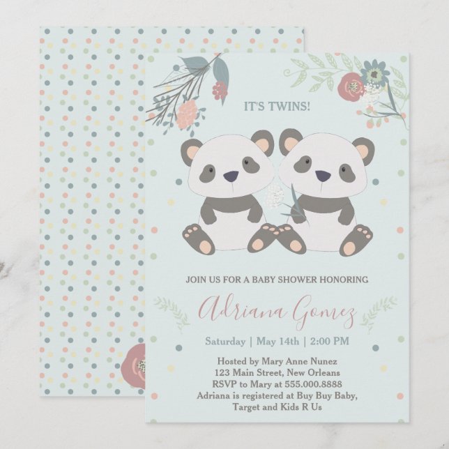 Cute Panda Bears Twins Baby Shower Invitation (Front/Back)