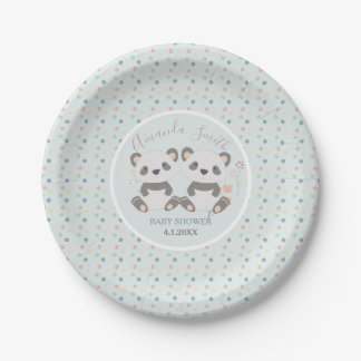 Cute Panda Bears Twins Baby Shower Paper Plate